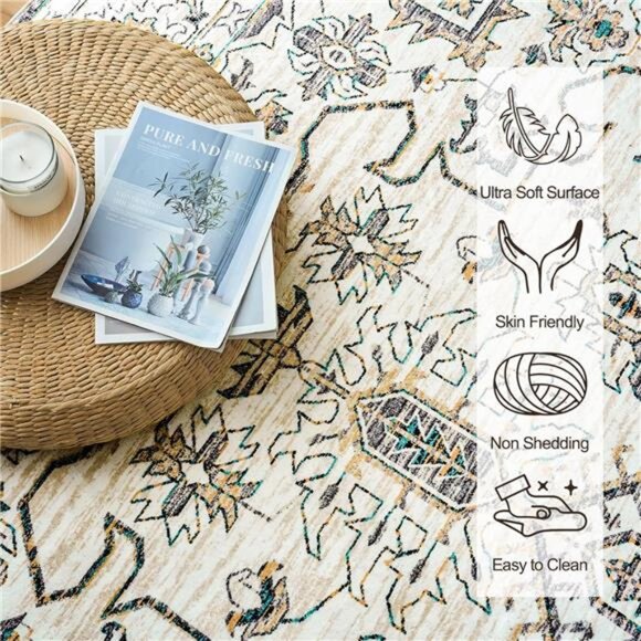 Machine Washable Rug 5'x7' Vintage Design Washable Area Rugs with Non Slip Rugs - Picture 3 of 7